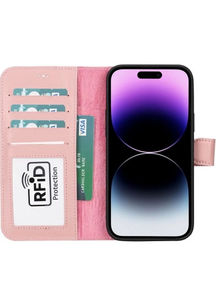 Apple iPhone 15 Plus Uyumlu Deri Cüzdanlı Kılıf Mwwn Nu2 Pembe