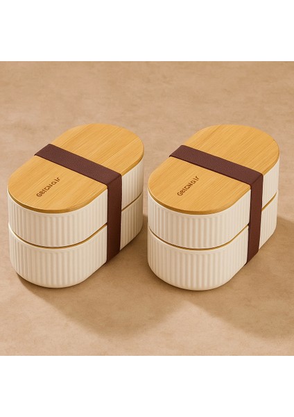 2'li 1000ML Ahşap Kapaklı Lunch Box Set Bambu Diyet Yemek Kabı Saklama Kutusu Öğle Yemeği Kutusu