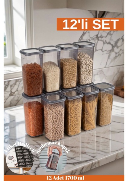 12 Adet 24 Parça Etiketli 1750 Ml. Sızdırmaz Kapaklı Kare Erzak Bakliyat Saklama Kabı Seti
