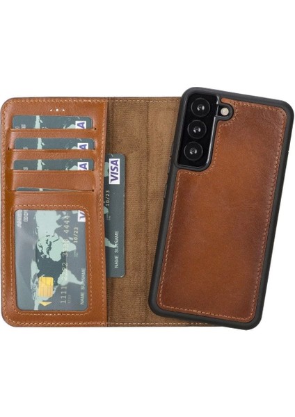 Samsung Galaxy S22 Uyumlu Deri Cüzdanlı Kılıf Mwwn RST2EF Taba