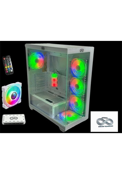 Aztech AZT201 W5*rgb Fan Uzaktan Kumanda Temperli Cam Rgb Swıtch Beyaz Akvaryum Gamıng Kasa
