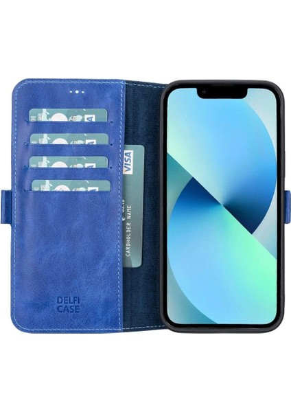 Apple iPhone 13 Pro Max Uyumlu Deri Cüzdanlı Kılıf Okyanus Mavi