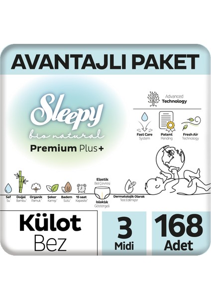 Bio Natural Premium Plus Avantajlı Paket Külot Bez 3 Numara Midi 168 Adet