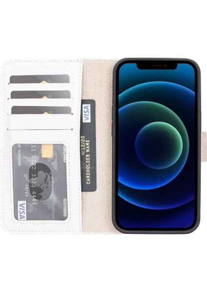 Apple iPhone 13 Uyumlu Deri Cüzdanlı Kılıf F3 Beyaz