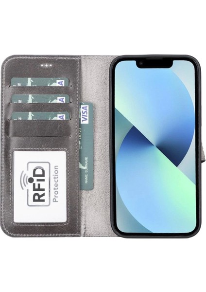 Apple iPhone 13 Pro Max Uyumlu Deri Cüzdanlı Kılıf Mwwn Tn1 Gri