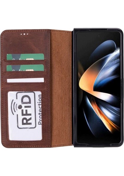 Samsung Galaxy Z Fold5 Uyumlu Deri Cüzdanlı Kılıf Antik Kahve