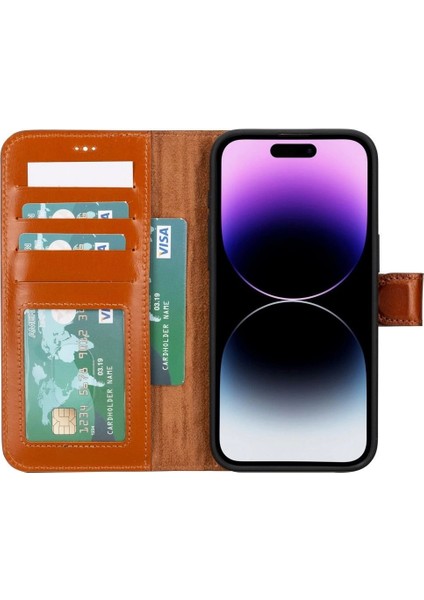 Apple iPhone 15 Pro Max Uyumlu Deri Cüzdanlı Kılıf Mwwn RST2EF Taba