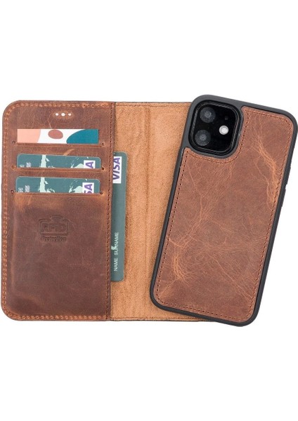 Apple iPhone 12 Mini Uyumlu Deri Cüzdanlı Kılıf G2 Antik Kahve