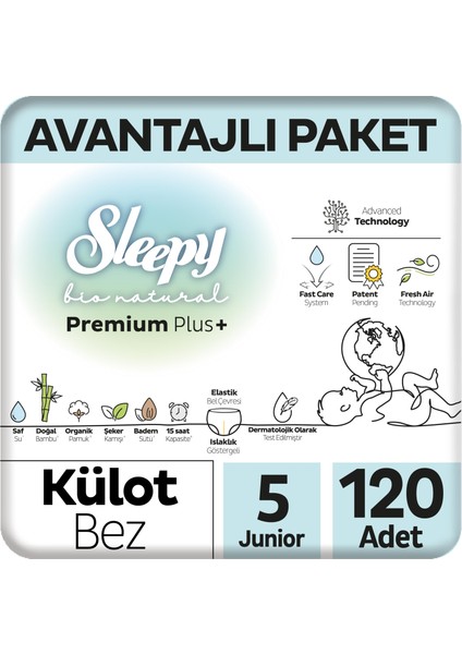 Bio Natural Premium Plus Avantajlı Paket Külot Bez 5 Numara Junior 120 Adet