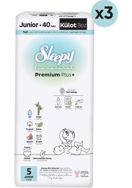 Bio Natural Premium Plus Avantajlı Paket Külot Bez 5 Numara Junior 120 Adet
