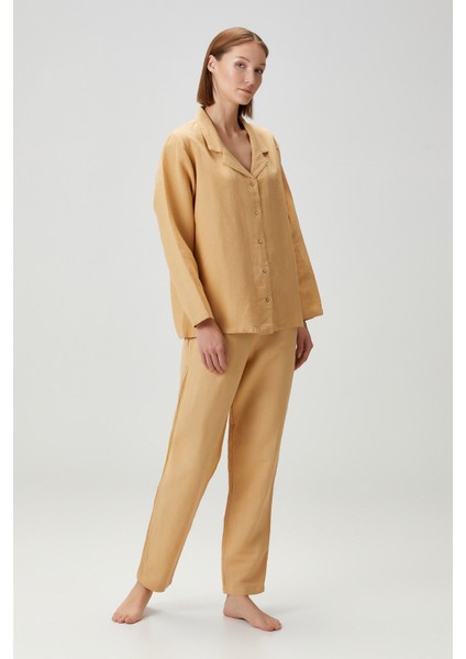 Lino Keten Gömlek Pijama Kum Beji