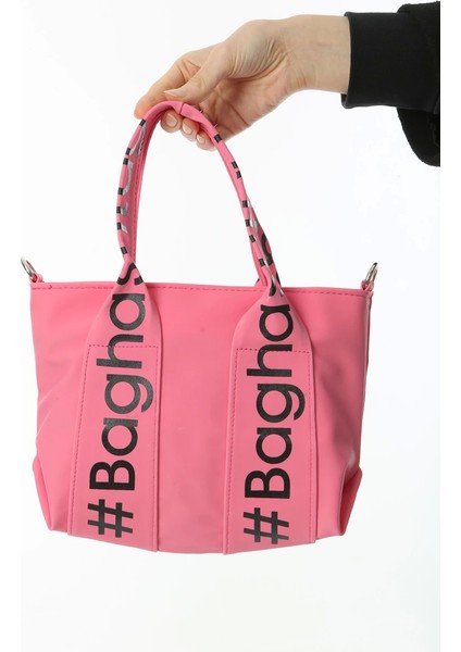 Baghashtag Pembe Mini Su Geçirmez Kulp Yazılı Tote Çanta