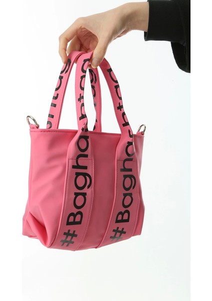 Baghashtag Pembe Mini Su Geçirmez Kulp Yazılı Tote Çanta