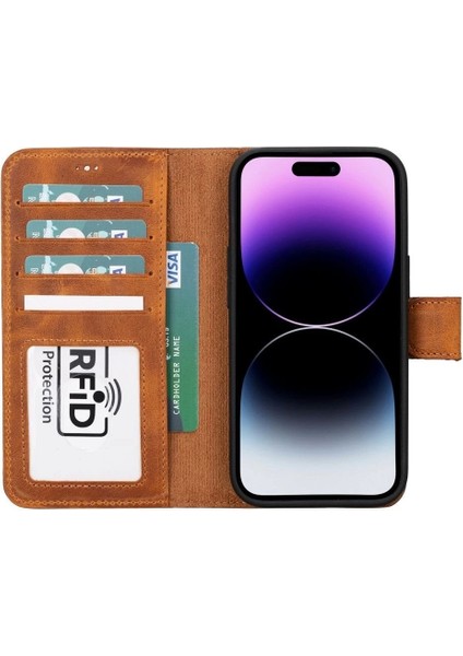 Apple iPhone 15 Uyumlu Deri Cüzdanlı Kılıf Mwwn G19 Taba