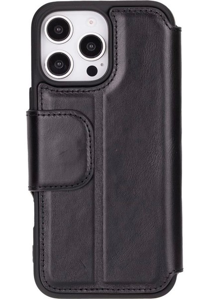 Apple iPhone 16 Pro Max Uyumlu, Hakiki Deri, El Yapımı, Cüzdanlı Kılıf, Parlak Siyah