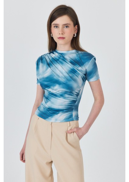 Mavi Desenli Büzgülü Sandy Bluz 12303