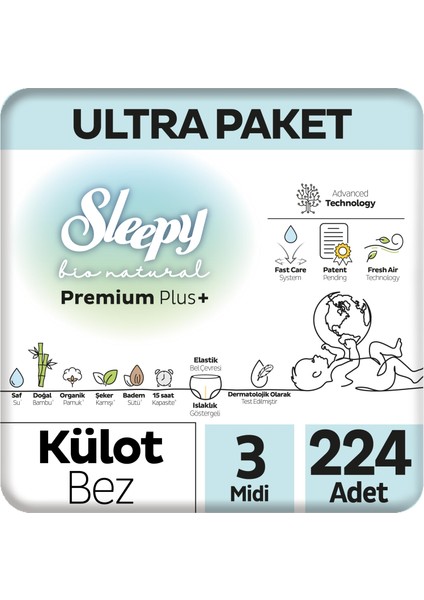 Bio Natural Premium Plus Ultra Paket Külot Bez 3 Numara Midi 224 Adet