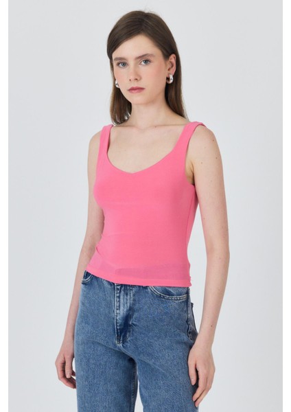 Pembe Kalın Askılı V Yaka Bluz 13293