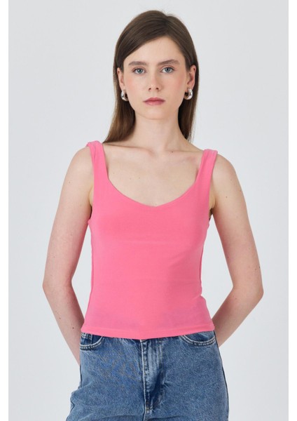 Pembe Kalın Askılı V Yaka Bluz 13293 fiyatları