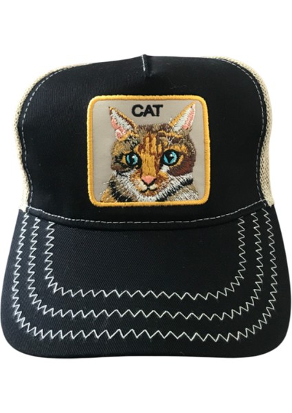 Cat Kedi Baskılı Sarı Siyah Şapka