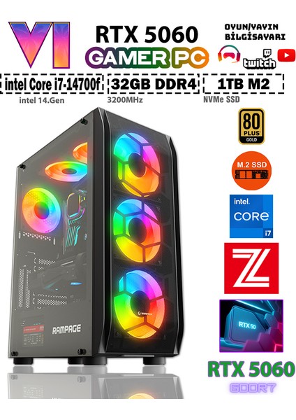 GTA-VI X3 ✔ Intel Core I7-14700F 32GB Ram 1TB M.2 Nvme SSD 8GB GDDR7 RTX5060 Ekran Kartı Premium Oyuncu Bilgisayarı