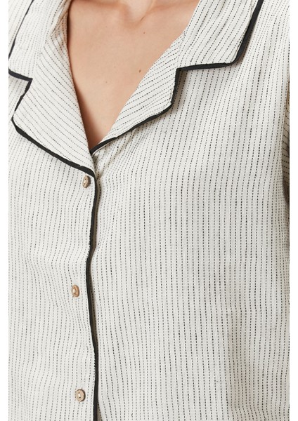 Lino Keten Gömlek Pijama Kırık Beyaz / Siyah Çizgili