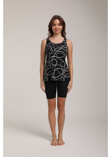 Kadın Desenli Askılı Taytlı Tankini S 5700 Siyah