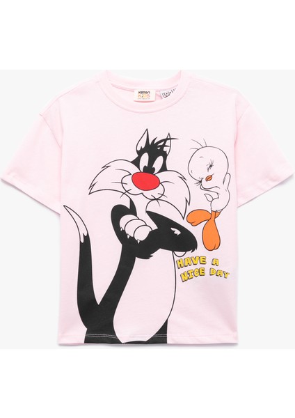 Lisanslı Tweety ve Sylvester Baskılı Kısa Kollu Bisiklet Yaka Pamuklu Tişört