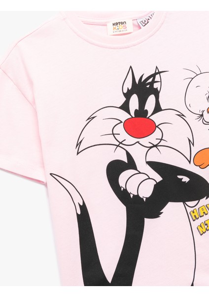 Lisanslı Tweety ve Sylvester Baskılı Kısa Kollu Bisiklet Yaka Pamuklu Tişört