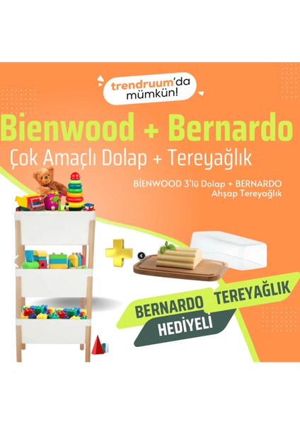 Bie 7079 Ahşap Ayaklı 3'lü Plastik Çok Amaçlı Dolap Sunum Tabağı Hediyeli (Oyuncak Dolabı Mutfak Rafı Kiler Dolabı)