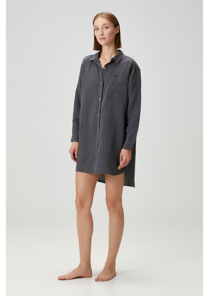 Lino Keten Gömlek Pijama Antrasit