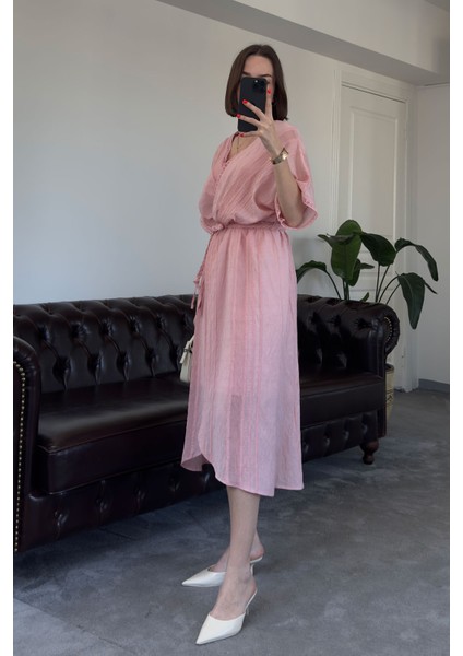 Kruvaze Yaka Örgü Kemerli Tasarım Keten Elbise- Pembe indirimleri