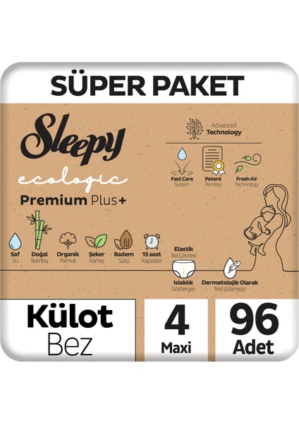 Ecologic Premium Plus Süper Paket Külot Bez 4 Numara Maxi 96 Adet