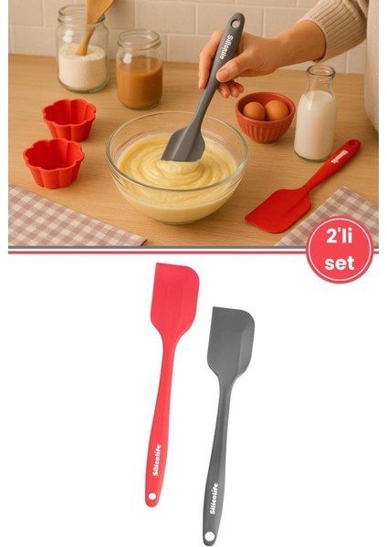 2’li Spatula Set, Isıya Dayanıklı Yanmaz Yapışmaz Silikon Spatula 2 Adet Kırmızı-Antrasit 21CM