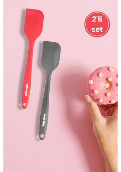 2’li Spatula Set, Isıya Dayanıklı Yanmaz Yapışmaz Silikon Spatula 2 Adet Kırmızı-Antrasit 21CM