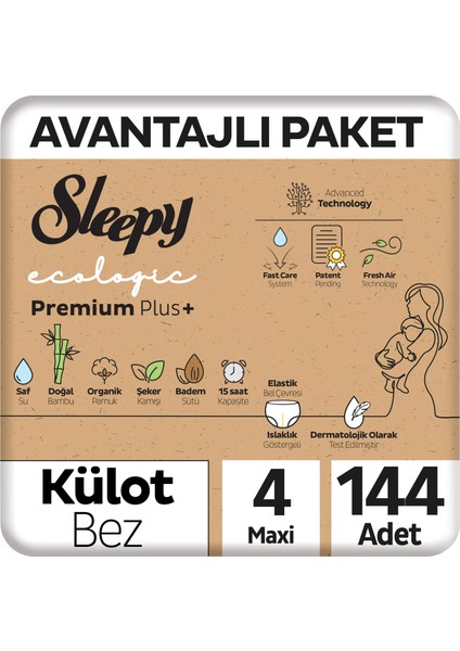 Ecologic Premium Plus Avantajlı Paket Külot Bez 4 Numara Maxi 144 Adet