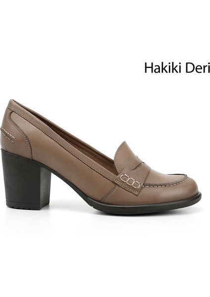 Kadın Açık Vizon Orta Kalın Topuklu Hakiki Deri Ayakkabı