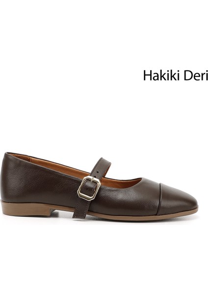 Kadın Kahverengi Baskılı Mary Jane Hakiki Deri Babet