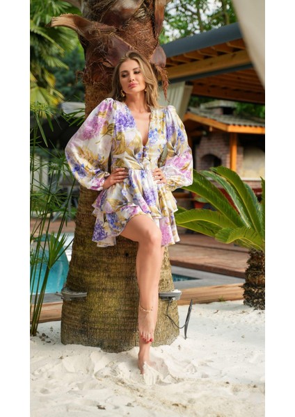 Lila Volanlı Çiçek Desen Elbise