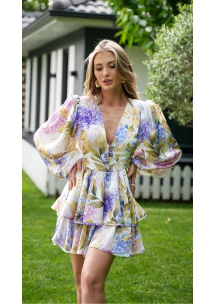 Lila Volanlı Çiçek Desen Elbise fiyatları