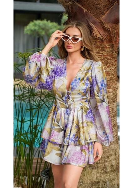 Lila Volanlı Çiçek Desen Elbise indirimleri