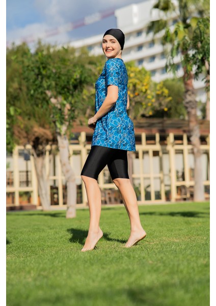 Mavi Çiçek Desenli Yarım Kol Büyük Beden Micro (Esnek ve Çabuk Kuruyan) Kumaş Yarı Tesettür Mayo fiyatları