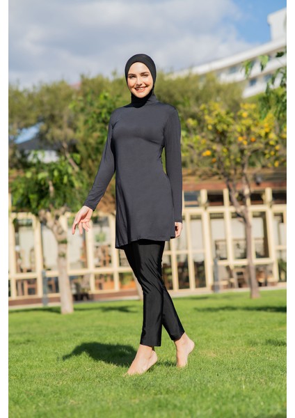 Siyah Balıkçı Yaka Büyük Beden Micro (Esnek ve Çabuk Kuruyan) Kumaş Tesettür Mayo