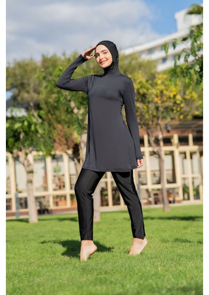 Siyah Balıkçı Yaka Büyük Beden Micro (Esnek ve Çabuk Kuruyan) Kumaş Tesettür Mayo fiyatları
