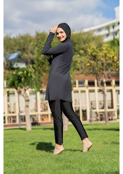 Siyah Balıkçı Yaka Büyük Beden Micro (Esnek ve Çabuk Kuruyan) Kumaş Tesettür Mayo modelleri