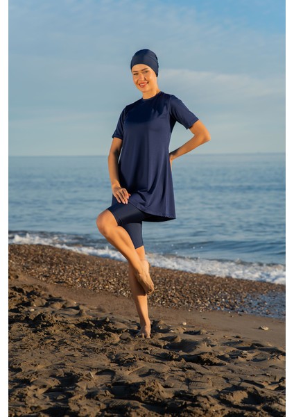 Lacivert Renk Yarım Kol Büyük Beden Micro (Esnek ve Çabuk Kuruyan) Kumaş Yarı Tesettür Mayo