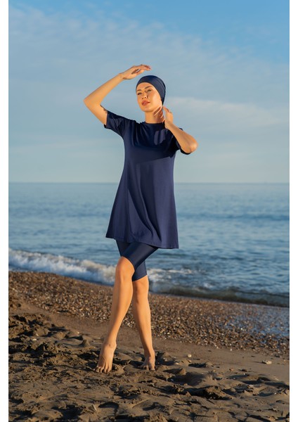 Lacivert Renk Yarım Kol Büyük Beden Micro (Esnek ve Çabuk Kuruyan) Kumaş Yarı Tesettür Mayo fiyatları