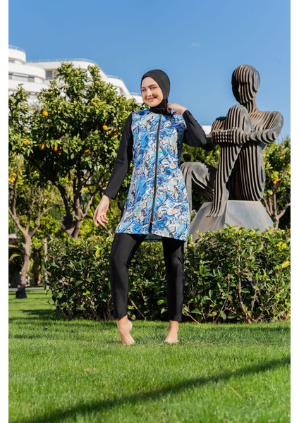 Siyah Desenli Paraşüt Kumaş Tesettür Mayo