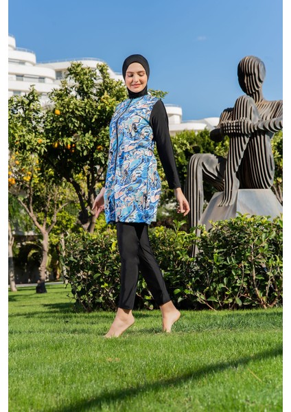 Siyah Desenli Paraşüt Kumaş Tesettür Mayo modelleri