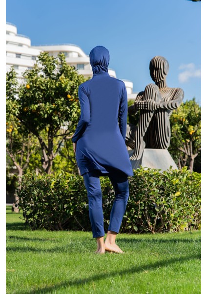 Lacivert Balıkçı Yaka Büyük Beden Micro (Esnek ve Çabuk Kuruyan) Kumaş Tesettür Mayo fiyatları